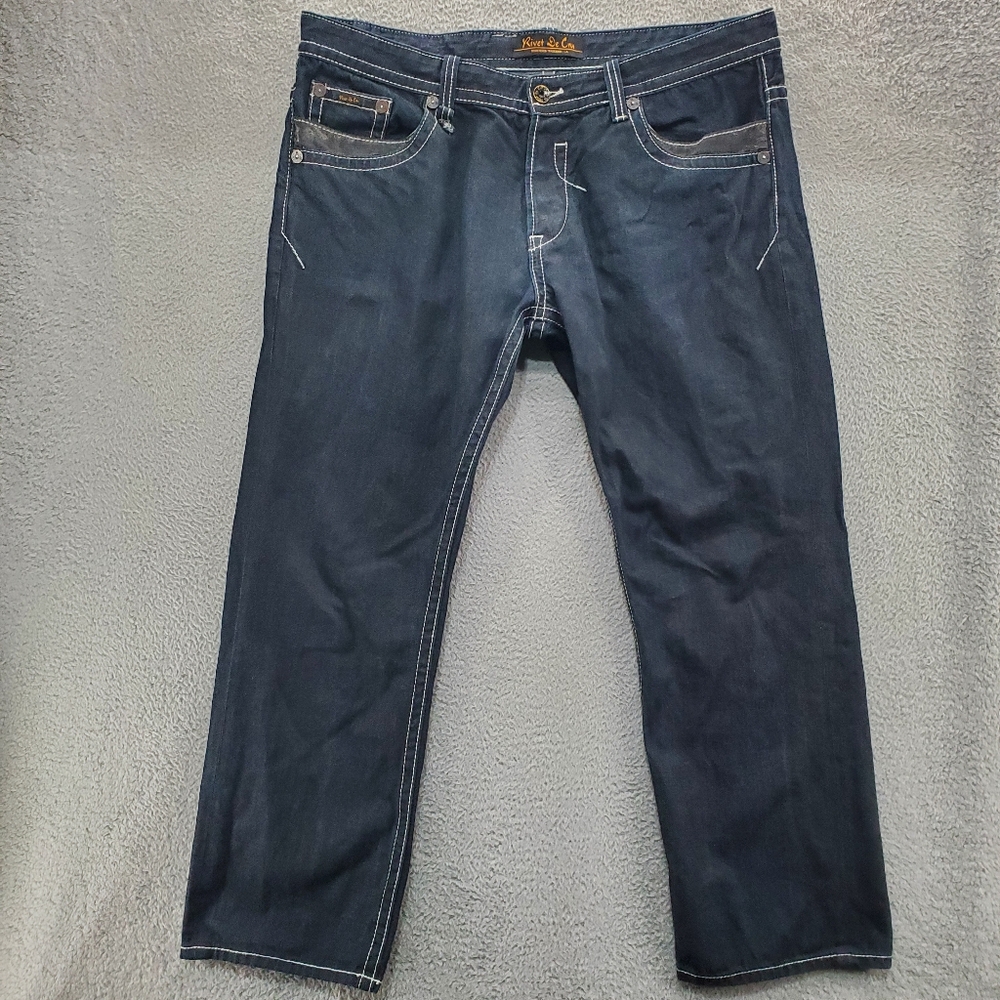 Rivet De Cru Jeans Mens 44x33.5 Straight Leg Dark Wash Blue Button Fly